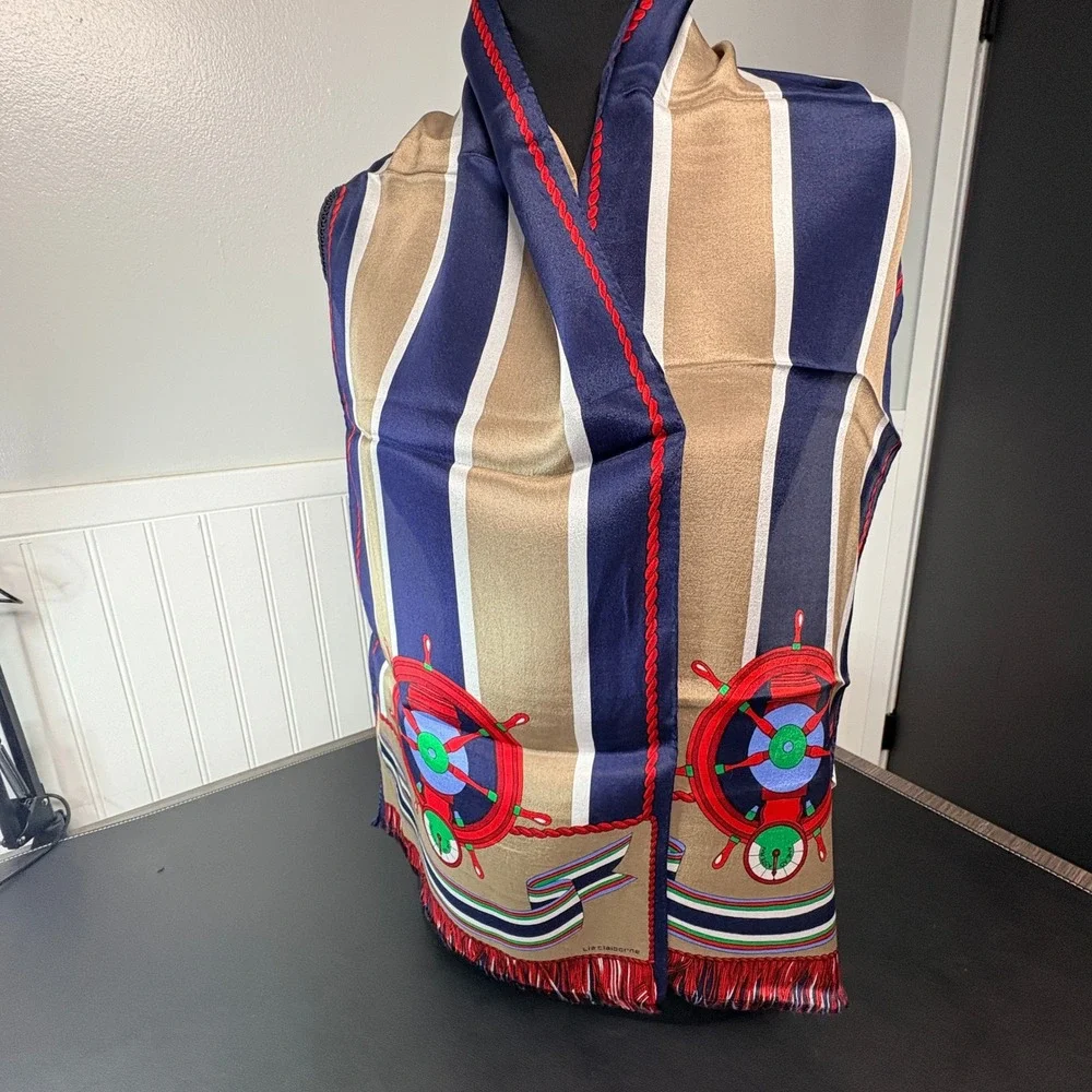 Liz Claiborne Silk Scarf Nautical Ship Wheel Navy Tan Striped‎ Fringe 52x10
